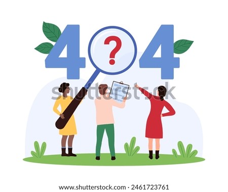 Error 404, page not found, security service warning message. Tiny people study question mark inside text 404 with magnifying glass, research causes of web page crash cartoon vector illustration