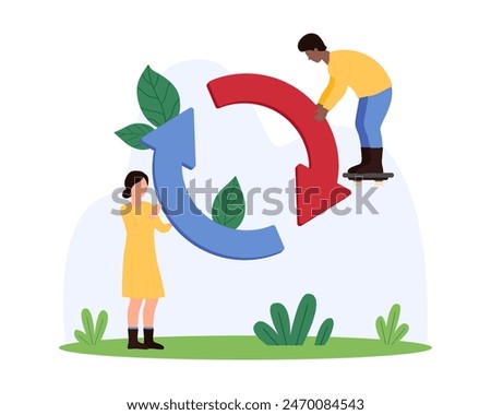 Reload internet connection, update and synchronize software progress, repeat action button. Tiny people holding two loop circular arrows with arrowheads and spin motion cartoon vector illustration