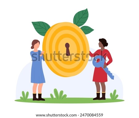 Business problem solving, opportunity and right solution to achieve goal, high potential success idea. Tiny people hold secret key and lock to open, keyhole inside target cartoon vector illustration