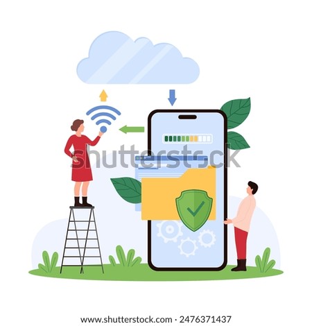 Secure data upload, cyber security, firewall protection of privacy. Tiny people load document to cloud storage, check loading progress bar and shield on smartphone screen cartoon vector illustration