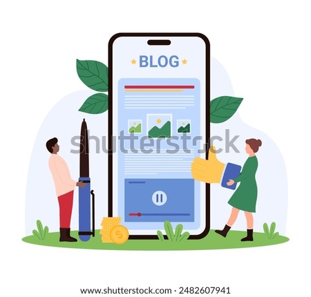 Blog monetization, mobile app for blogging. Tiny people holding pen and thumbs up to attract blog followers with creative articles, monetize online content and earn cartoon vector illustration