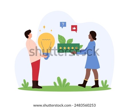 Customer review, feedback and creative idea in blogger content, online communication with likes and comments. Tiny people holding light bulb and speech bubble with stars cartoon vector illustration