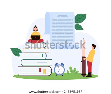 Creative idea of writing online article or essay, press release or blog review, storytelling, digital content creativity and promotion. Tiny people create text with pen cartoon vector illustration