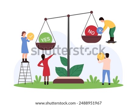 Decision making process, choice between positive and negative, right and wrong solutions, alternative option. Tiny people weigh Yes and No, tick and cross on balance scales cartoon vector illustration