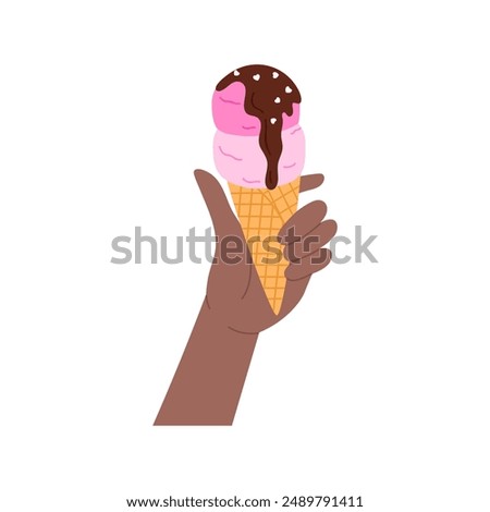 Hand holding waffle cone with soft pink ice cream scoops and chocolate dripping sauce vector illustration