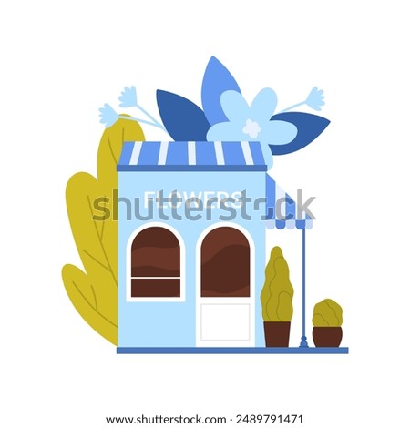 Blue cute flower shop building with canopy, florist store for selling plants vector illustration