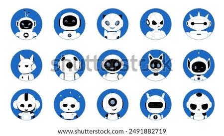 Cute robots avatars set. Different chat bot heads in circle on blue background, smiling androids characters with antennas and friendly faces, smart assistants collection cartoon vector illustration