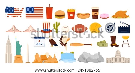 Travel to United States of America set. American culture and heritage city landmark stickers collection, fast food and flag, bridge and buildings, eagle and baseball cartoon vector illustration