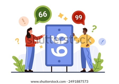 Differences in interpretation of ambiguous facts, different perspectives on experience and attention bias. Tiny man and woman argue about whether they see 66 or 99 number cartoon vector illustration