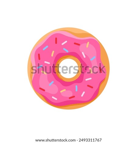 Sweet whole donut, doughnut ring with strawberry icing and candy sprinkles vector illustration