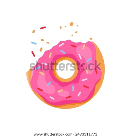 Bitten glazed donut while eating, doughnut with glaze and candy decoration vector illustration