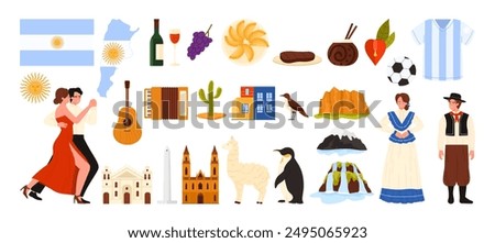 Travel to Argentina, national culture elements, infographic stickers and famous landmarks set. Argentinians in national costumes and traditional food, map and soccer ball cartoon vector illustration