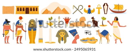 Travel to Egypt set. Egyptian pyramids and sand desert, national culture and ancient civilization symbols of Egypt, history monuments and mummy of pharaoh, beetle cartoon vector illustration