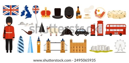 Travel to Great Britain Kingdom, London set. Landmarks, food and culture symbols and stickers collection with flag and map, telephone booth and guard, queen crown, whisky cartoon vector illustration