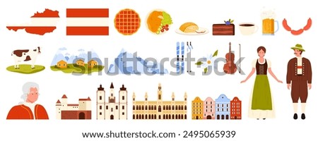 Travel to Austria set. Famous architecture landmarks and mountain nature landscape, traditional food and beer, Austrians in national folk dress, flag and map of Austria cartoon vector illustration