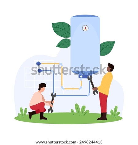 Water electric boiler and heater installation, repair broken equipment of heating system. Tiny people check pipe for leakage, technicians work on thermal tank installing cartoon vector illustration