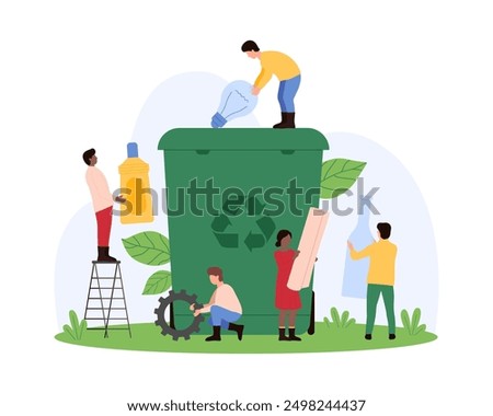 Sorting waste for recycling, garbage classification. Tiny people hold paper and light bulb, plastic and glass bottles to throw into trash container with recycle sign cartoon vector illustration