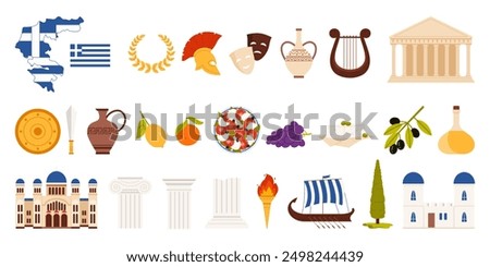 Travel to Greece set. Greek ancient culture and heritage landmarks, Mediterranean food and wine, famous tourists symbols and decoration collection, map and flag of Greece cartoon vector illustration