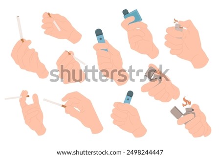 Hands with different smoking gestures set. Human fingers of smoker and addict holding tobacco cigarette and lighter to smoke, giving nicotine cigar and lighting fire cartoon vector illustration