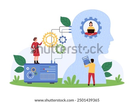 AI personal assistant optimization and improvement. Tiny people work with artificial intelligence and machine connection, gear with worker and laptop inside human head cartoon vector illustration