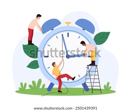 Time management strategy with efficiency, schedule accuracy and appointments organization. Tiny people pull clock hand back on rope to stop countdown and deadline delay cartoon vector illustration