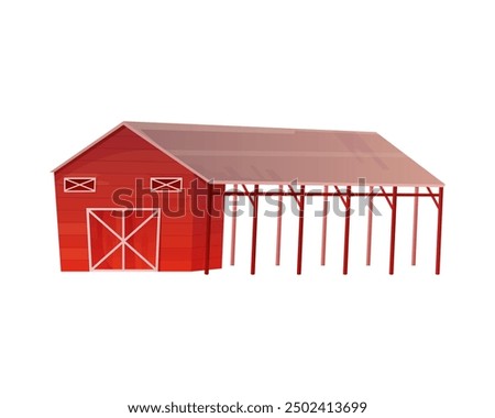 Red barn with wooden shed for hay storage, horse or cow stalls vector illustration