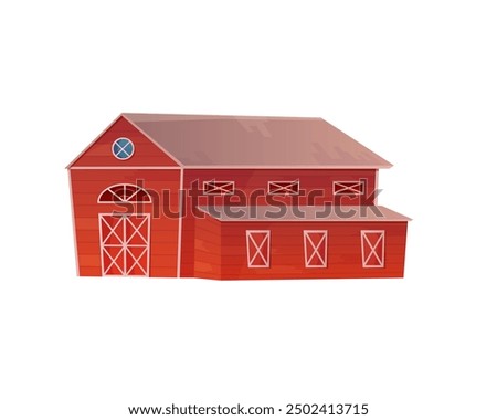 Red barn with outbuilding, rural wooden building with windows and closed door vector illustration