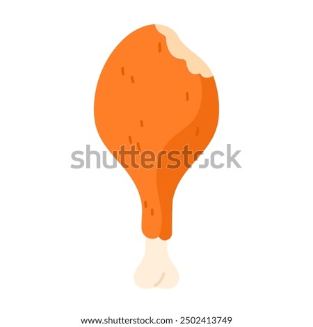 Bitten chicken drumstick with bone, crispy bird thigh while eating vector illustration