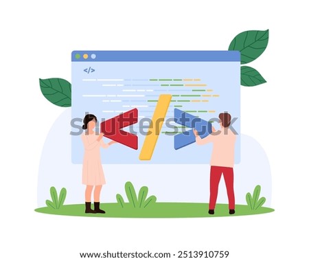 Program and software code development. Tiny people coding, programmers work with script on screen, developers and coders programming web browser code online in window cartoon vector illustration