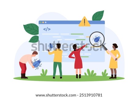 Bugs search in software and mobile app code, testing. Tiny people look through magnifying glass on bug, testers inspect and analyze program commands, zoom virus and trojan cartoon vector illustration