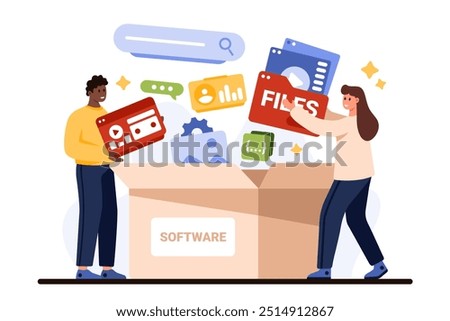 Decentralized packaged software, subscription service for client. Tiny people put multiple icons of different apps in open box for customer, download of application package cartoon vector illustration