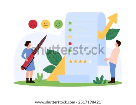 Customer feedback, report of clients satisfaction survey. Tiny people with pen check review list form to choose opinion, answer between angry, neutral and happy emoji face cartoon vector illustration