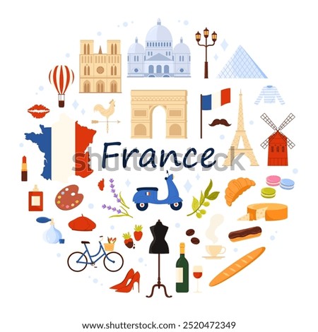 French culture elements and landmarks, flag and map of France, food menu in round infographic banner. Eiffel Tower and beret of Frenchman, croissant and cheese, scooter cartoon vector illustration