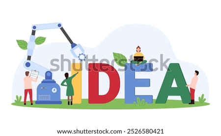 Automation of creative idea creation process, partnership of machine and author. Tiny people and factory robotic hand build together word Idea from colorful letters cartoon vector illustration