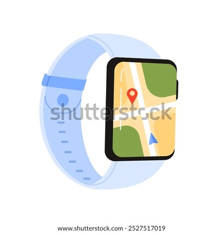 Smart watch with blue wristband and GPS navigator, screen with route on city map vector illustration