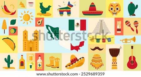 Travel to Mexico geometric poster design. Elements of Mexican culture and carnival party, map and flag of country, sombrero and poncho, moustache of mariachi and tequila cartoon vector illustration