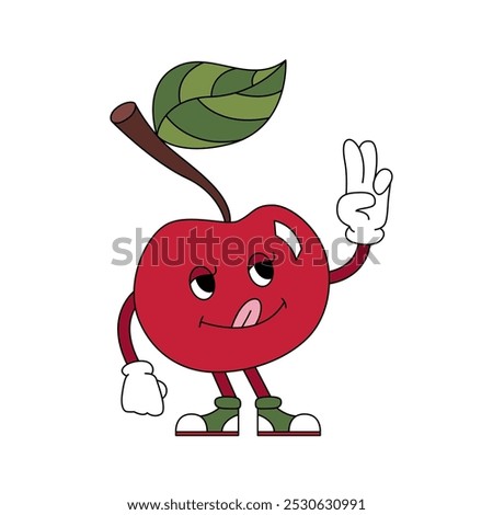 Groovy psychedelic red apple character with green leaf, tongue sticking out vector illustration