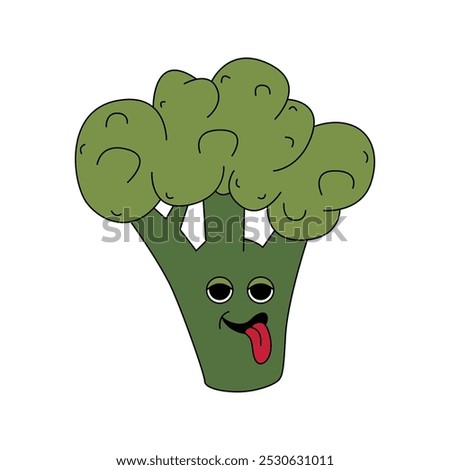 Groovy psychedelic green broccoli character with tongue sticking out vector illustration