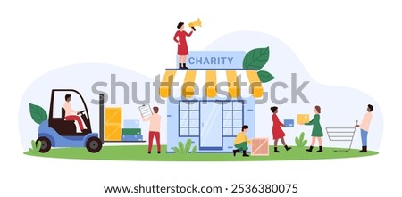 Vector illustration of a charity center with volunteers engaging in various activities, emphasizing community service, support, and humanitarian efforts. Perfect for nonprofit and volunteering themes.