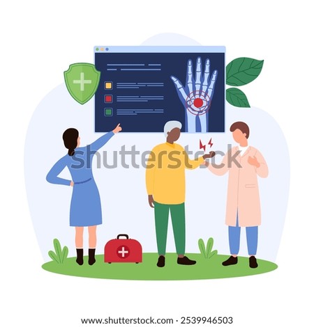 Medical professionals analyzing hand arthritis with an X-ray, discussing diagnosis and treatment options in a clinical setting vector illustration.