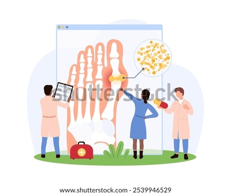 Doctors examining a patient s foot arthritis using an X-ray and medical tools, discussing inflammation and treatment in a clinical setting vector illustration.