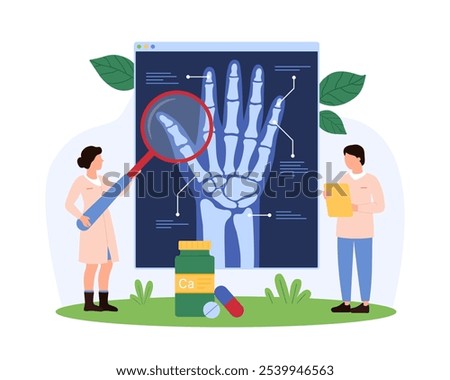 Doctors studying hand joints using a magnifying glass and X-ray, discussing bone structure and potential issues in a medical setting vector illustration.