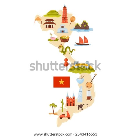 Vietnamese culture elements and flag of country, famous landmarks and food on Vietnam infographic map. Golden Bridge and temples, boat and sea landscape, national symbols cartoon vector illustration