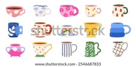 Ceramic cups for hot tea and coffee with different patterns set. Cute colorful various teacups collection with heart and leaf, stripe texture, Scandinavian home crockery cartoon vector illustration