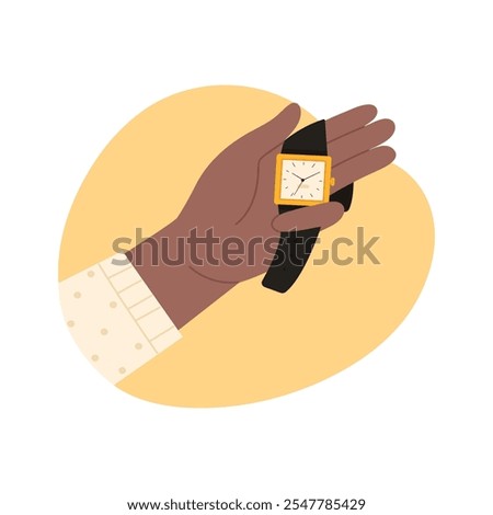 Man holding wristwatch with black strap and square dial in palm of hand vector illustration