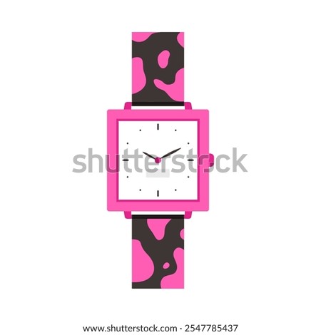 Stylish mechanical wristwatch with leopard pattern on pink and black leather strap vector illustration