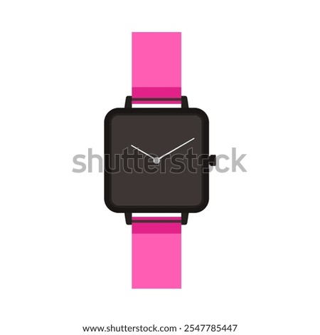 Modern wrist watch with square black dial and hands, pink bright bracelet vector illustration