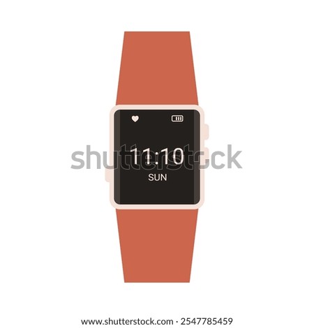 Electronic wristwatch with square black display and brown leather strap vector illustration