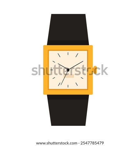 Mechanical wristwatch with square gold dial and black leather bracelet vector illustration