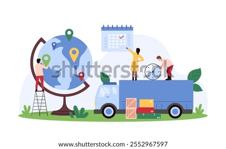 Global logistics and world map coverage, export and import, warehousing and distribution service. Tiny people consulting on time of international delivery by calendar cartoon vector illustration